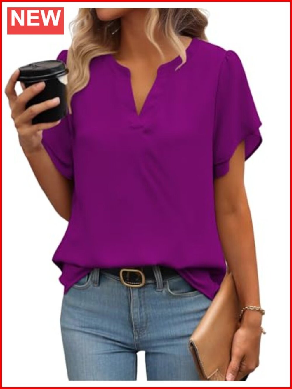 Zeagoo Womens Polyester Crepe Blouse Petal Short Sleeve V Neck Work Top